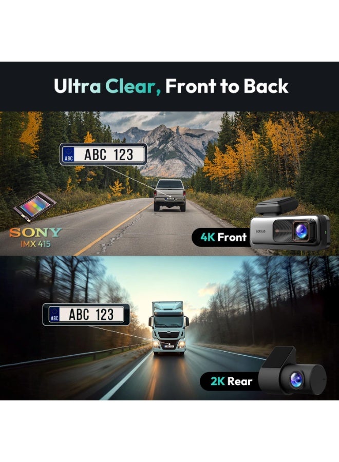 بوتسلاب كاميرا أمامية وخلفية مزدوجة من BOTSLAB بدقة 4K+2K، مزودة بتحكم صوتي، ونظام STARVIS، وتنبيهات نظام مساعدة السائق المتقدم (ADAS)، ورؤية ليلية فائقة الوضوح، ومراقبة ركن السيارة على مدار الساعة، وواي فاي 5.8 جيجاهرتز ونظام تحديد المواقع العالمي (GPS)، وبطاقة ذاكرة 64 جيجابايت مجانية، وتسجيل متواصل - Image 2